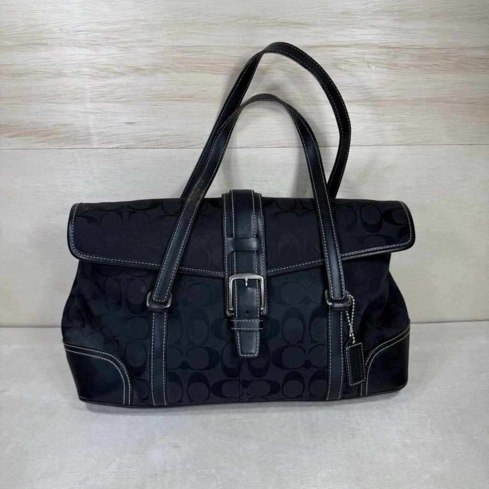 Like New Vintage Coach Signature C's Black Canvas & Leather Handbag Tote Bag